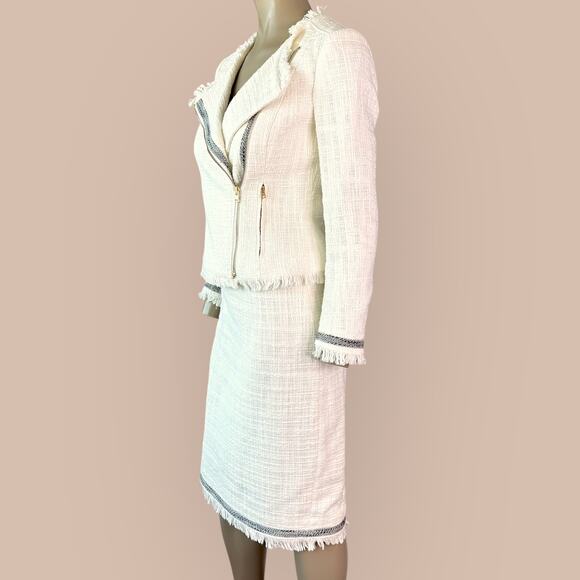 J. Crew Ivory Two Piece Suit Set Moto Jacket Skirt Women Size 2/4 Tweed Fringed - Picture 4 of 14